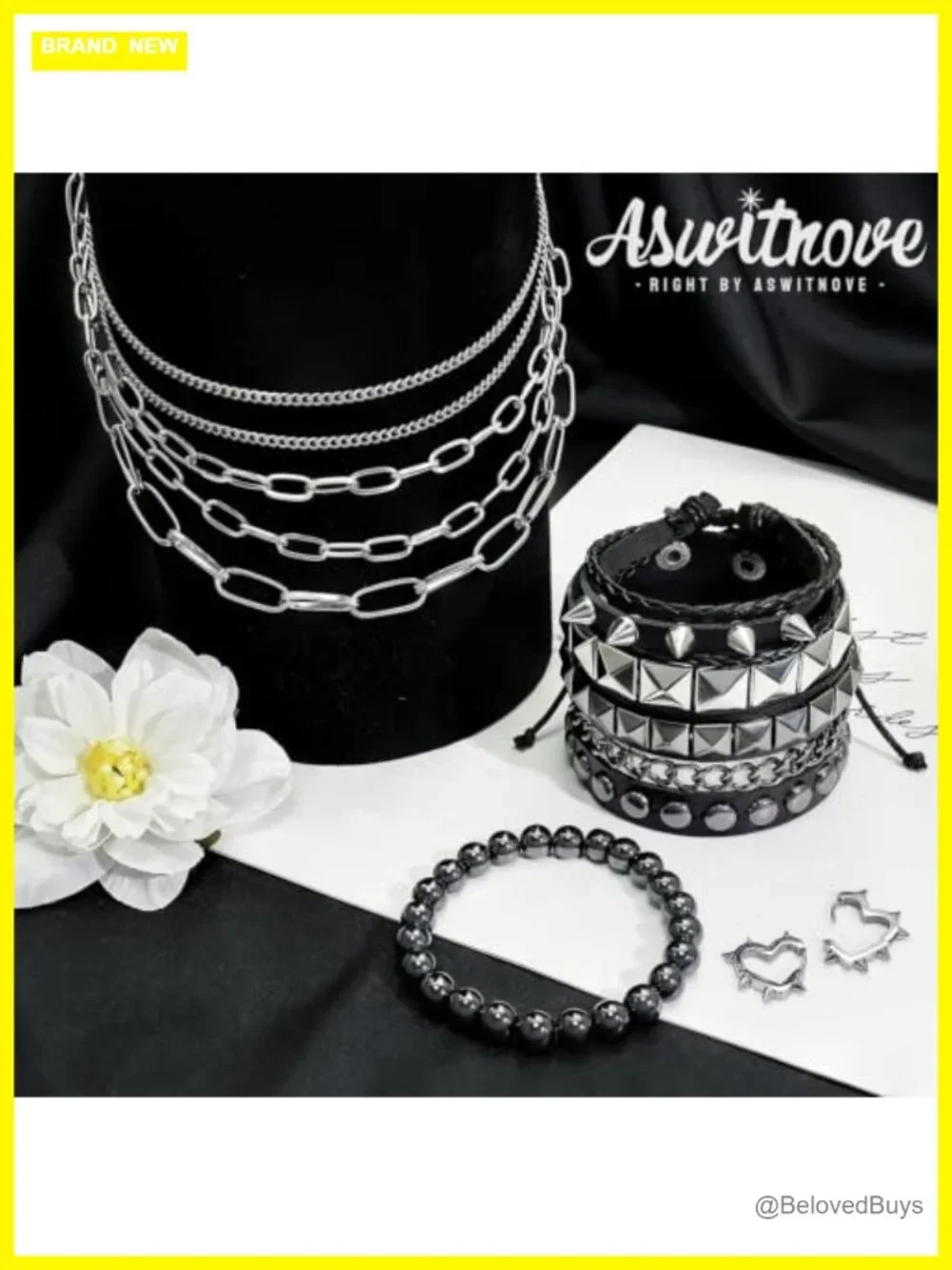 6 Pc Punk Studded Bracelet Set Gothic Necklace Earrings Faux Leather Y2K Grunge